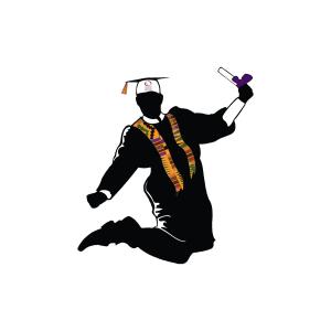 a person wearing graduate regalia jumping for joy