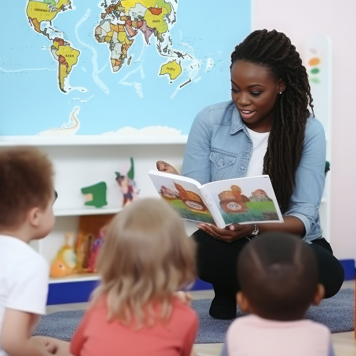 female teacher reading to young students