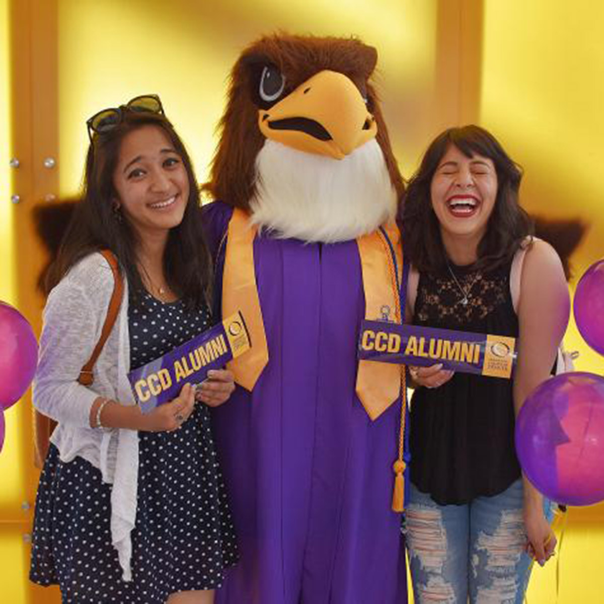 CCD Alumni with Swoop mascot