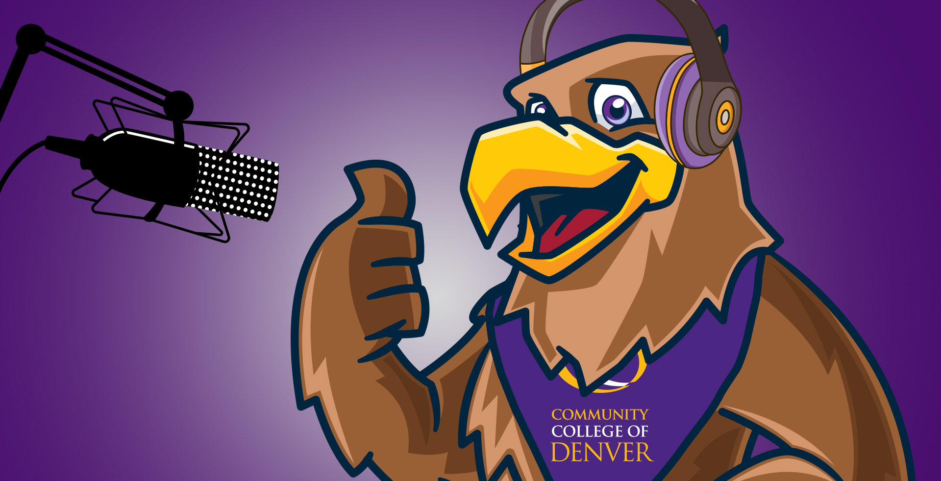 illustration of Swoop, wearing headphones, at a podcast microphone