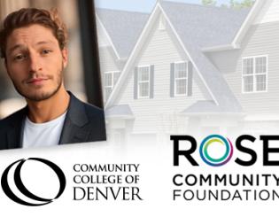Man in a blazer. Houses in the background. Community College of Denver logo. Rose Community Foundation logo