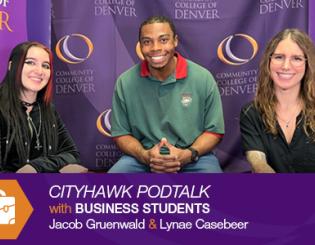 Woman with black and red hair, man in red and green polo, woman with brown hair smiling. CITYHAWK PODTALK with BUSINESS STUDENTS Jacob Gruenwald & Lynae Casebeer