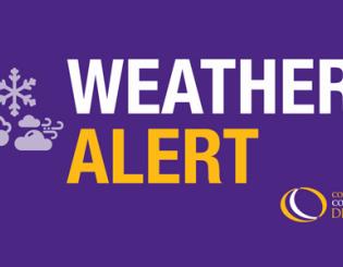 Weather Alert. Community College of Denver logo. Purple background. Snowflake, clouds, and rain symbols.