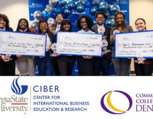 Students holding checks with balloons in background. Georgia State University CIBER logo. Community College of Denver logo.