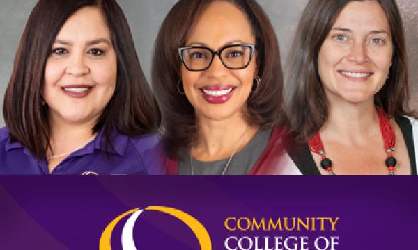 Three women smiling. Community College of Denver logo