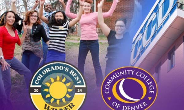 Colorado Sun's Colorado Best of 2024 Winner logo next to CCD Logo. Students jumping in background.