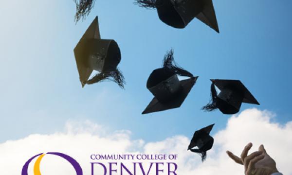 Graduation Caps being thrown into the sky. Community College of Denver Foundation logo.