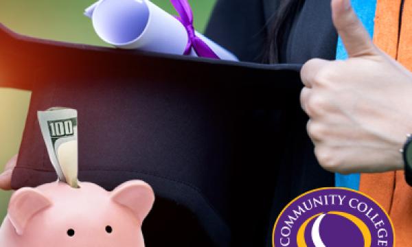 Person holding graduation cap and diploma giving a thumbs up. Piggy bank with money sticking out. Community College of Denver logo.