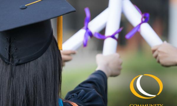 Three people in commencement regalia holding their diplomas in the air. Community College of Denver logo