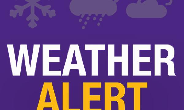 WEATHER ALERT. Puple background. Snowflake, rain cloud, and wind clouds.