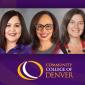 Three women smiling. Community College of Denver logo