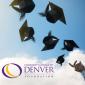 Graduation Caps being thrown into the sky. Community College of Denver Foundation logo.