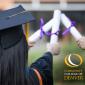 Three people in commencement regalia holding their diplomas in the air. Community College of Denver logo