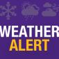 WEATHER ALERT. Puple background. Snowflake, rain cloud, and wind clouds.