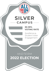 silver campus badge for students voting in the 2022 election