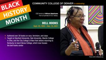 Black History Month. Bell Hooks. Photo of woman in orange scarf and glasses