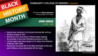 Black History Month. John Horse. Drawing of man wearing a head piece.