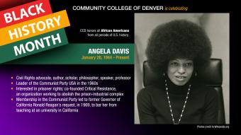 Black History Month. Angela Davis. Black and white photo of woman wearing black shirt and a necklace sitting in a chair.