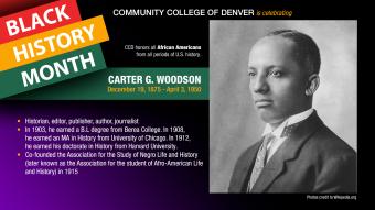 Black History Month. Carter G. Woodson. Black and white photo of man with short hair wearing a suit and tie.