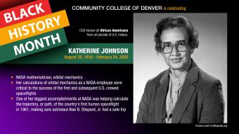Black History Month. Katherine Johnson. Black and white photo of woman wearing glasses and a suit jacket.