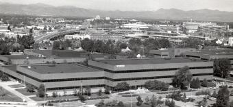 Aerial view of Cherry Creek Building and campus from across Speer taken in 1993