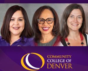 Three women smiling. Community College of Denver logo