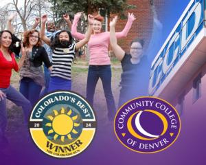 Colorado Sun's Colorado Best of 2024 Winner logo next to CCD Logo. Students jumping in background.