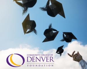 Graduation Caps being thrown into the sky. Community College of Denver Foundation logo.