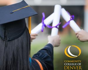 Three people in commencement regalia holding their diplomas in the air. Community College of Denver logo