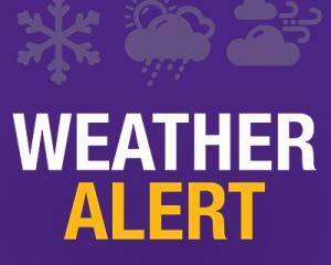 WEATHER ALERT. Puple background. Snowflake, rain cloud, and wind clouds.