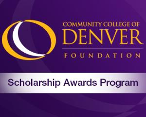 Community College of Denver Foundation. CCD Logo. Scholarship Awards Program. Purple background